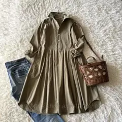 グランマママドーター コットンシャツワンピース グリーン タック