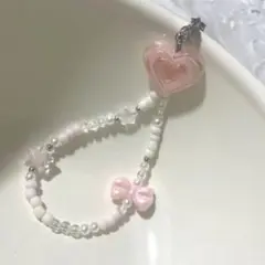 ピンクハートビーズストラップキーホルダー