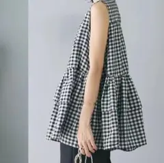 ペプラムブラウス　ノースリーブ　ギンガムチェック　ダブルフリル　チュニック　海外