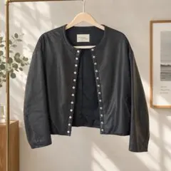 ラムレザー　ノーカラージャケット ブラック　羊革