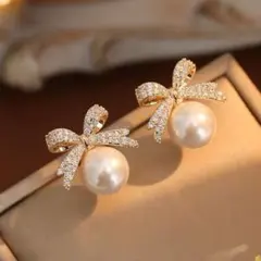 リボンパールピアス キラキラ上品 大人可愛い エレガントアクセサリー