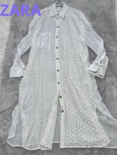 美品✨ZARAホワイト 刺繍レースシャツワンピース長袖ゆったりXL相当