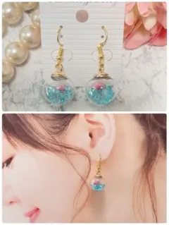 ハンドメイドピアス❤️ガラスドームピアス❤️爽やかブルー×華やかピンクフラワーピアス