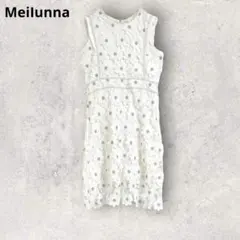 花柄レース　ノースリーブワンピース　ホワイト　S 白ドレス　清楚　パール装飾