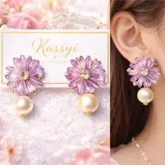 春カラー　桜ピンクガラスフラワー×コットンパール　ピアス　イヤリング