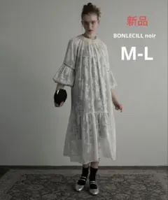 BONLECILL ラメシアーフラワージャガードボリュームギャザードレス M-L