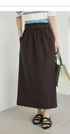 【新品】綿麻混バックルベルト付タイトスカート 茶色×黒チェック柄