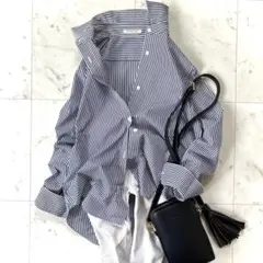 美品♪アドーア ビッグカフス長袖シャツ38 ネイビーストライプ