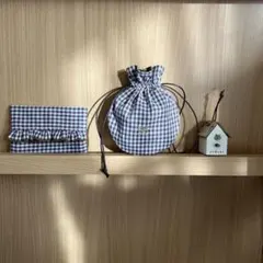 ハンドメイド☆まる巾着とティッシュケースセット☆ブラウンギンガムゴールドリボン①