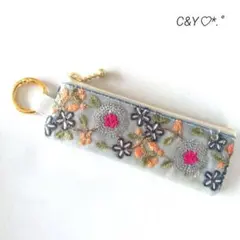 【ハンドメイド】インド刺繍リボンポーチ⑨　リップクリーム印鑑ケース　キーホルダー