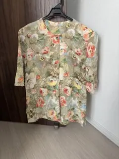 90s ヴィンテージ 総柄シャツ　ノーカラーシャツ　レトロ　ポリシャツ　花柄