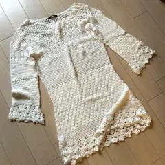 ホワイト レース編み チュニック 五分袖