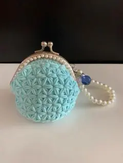 ハンドメイド かぎ編み がま口 裏布付き ライトブルー パール ビーズ