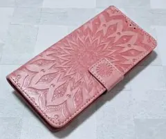 iphone14pro 用 スマホケース 手帳型 浮彫エスニック柄 ピンク