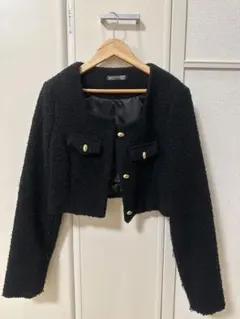 ツイードショートジャケット ブラック 金ボタン ノーカラー 韓国風きれいめ