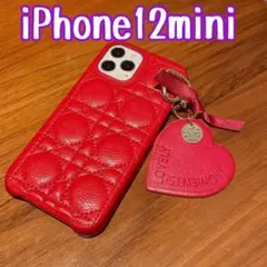 iPhone12mini キルティング ケース 赤 カバー ハート チャーム