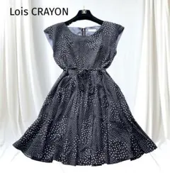 【Lois CRAYON】フレアワンピース 膝丈 黒ドット柄ベルト付きAラインM