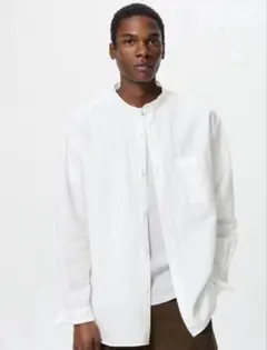 当日発送 ユニクロ コットンリネンスタンドカラーシャツ L ホワイト