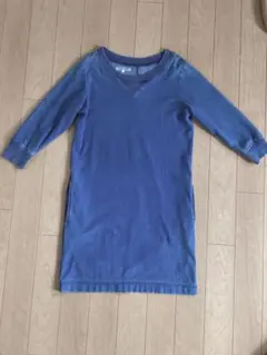 デニムブルー Uネック 七分袖ワンピース