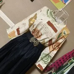 レトロ古着 お花＆英字 総柄 ノーカラー 7分袖ブラウス ヴィンテージ 古着