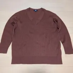 ユニクロUNIQLO　Vネック リブ編み セーター　ブラウン　M