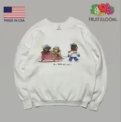 80s USA製 フルーツオブザルーム クマプリントラグランスウェット 白 XL