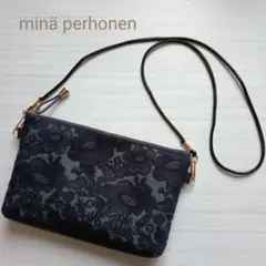 ミナペルホネン　スマホゆったりポシェット　スマイルフラワー　チャコール ネイビー