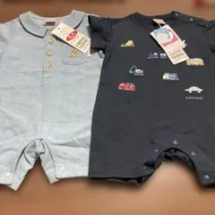 新品　タグ付き　プティマイン　petit main 車刺繍 ネイビーロンパース