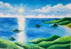 オリジナル風景画　絵画　パステル画　オイルパステル　アート　海の絵　空の絵　景色のサムネイル