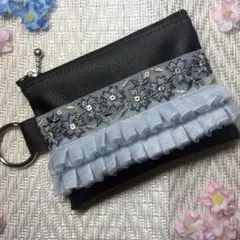 インド刺繍リボン×フェイクレザーミニポーチ