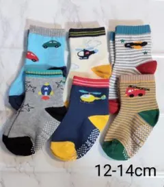 キッズ靴下6足組　乗り物いろいろ柄　男の子　可愛い子供くつ下　滑り止め付ソックス