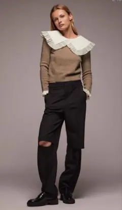 新品 ZARA コントラストニットセーター ピーターパン ブラウン