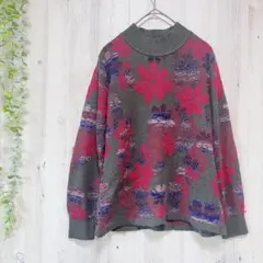 【レトロ】ヴィンテージ風 花柄ニット セーター 総柄 モックネック ウール混