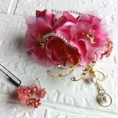 ピンクの花飾りとパールの髪飾りセット