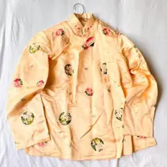 ✨未使用タグ付✨【紅霞】チャイナ服 サイドボタン 花柄刺繍 シルク混 光沢 36