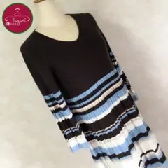 レトロ ワンピース チュニック 3D ボーダー フレア袖 古着 茶 青 白