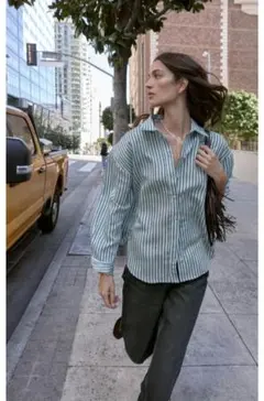 ZARA ストライプ柄 長袖シャツ ブルー Lサイズのサムネイル