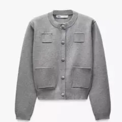 ZARA プレーンニットジャケット　パデッドショルダー　グレー