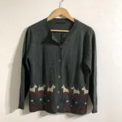 90s/vintage/犬柄カーディガン/グレー/テリア 刺繍 レトロ 古着