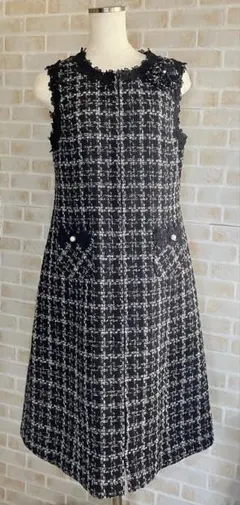 スーパービューティー ツイード ワンピース ノースリーブ コサージュ サイズ40