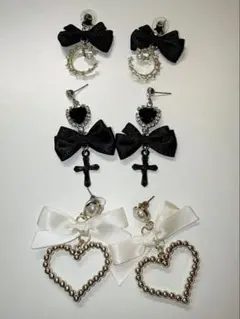 量産型 地雷系 リボン ハート 白 黒 ホワイト ブラック ピアス 3セット