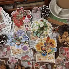海外 紙もの マステ素材 シール 4種 花 フラワー 蝶々 コラージュ S65