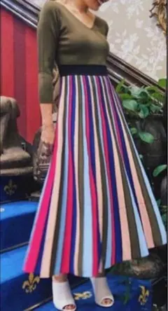 Diagram カーキ　ストライプ マルチカラー　ロングワンピース