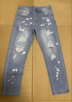 ダメージ加工 ペイントデニムパンツ ライトブルー lowtypeデニム 