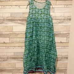 【北欧風】総柄 チュニック ワンピース Aライン ノースリーブ ブルー グリーン