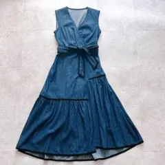 ダイアグラム　ロングワンピース　デニム　ノースリーブ　カシュクール　ティアード