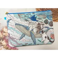 ハンドメイド　おとぎの国　クジラ　猫　ふんわり　少し大きめ　フラットポーチ【L】