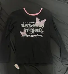 蝶プリント 長袖カットソー 黒