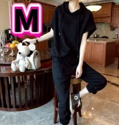 セットアップ レディース 半袖 フーディー ジョガーパンツ 上下セット 黒