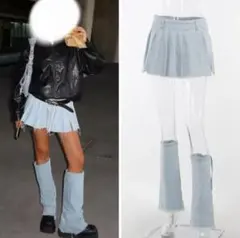 デニムプリーツミニスカート レッグウォーマーセット Y2K 韓国ファッション